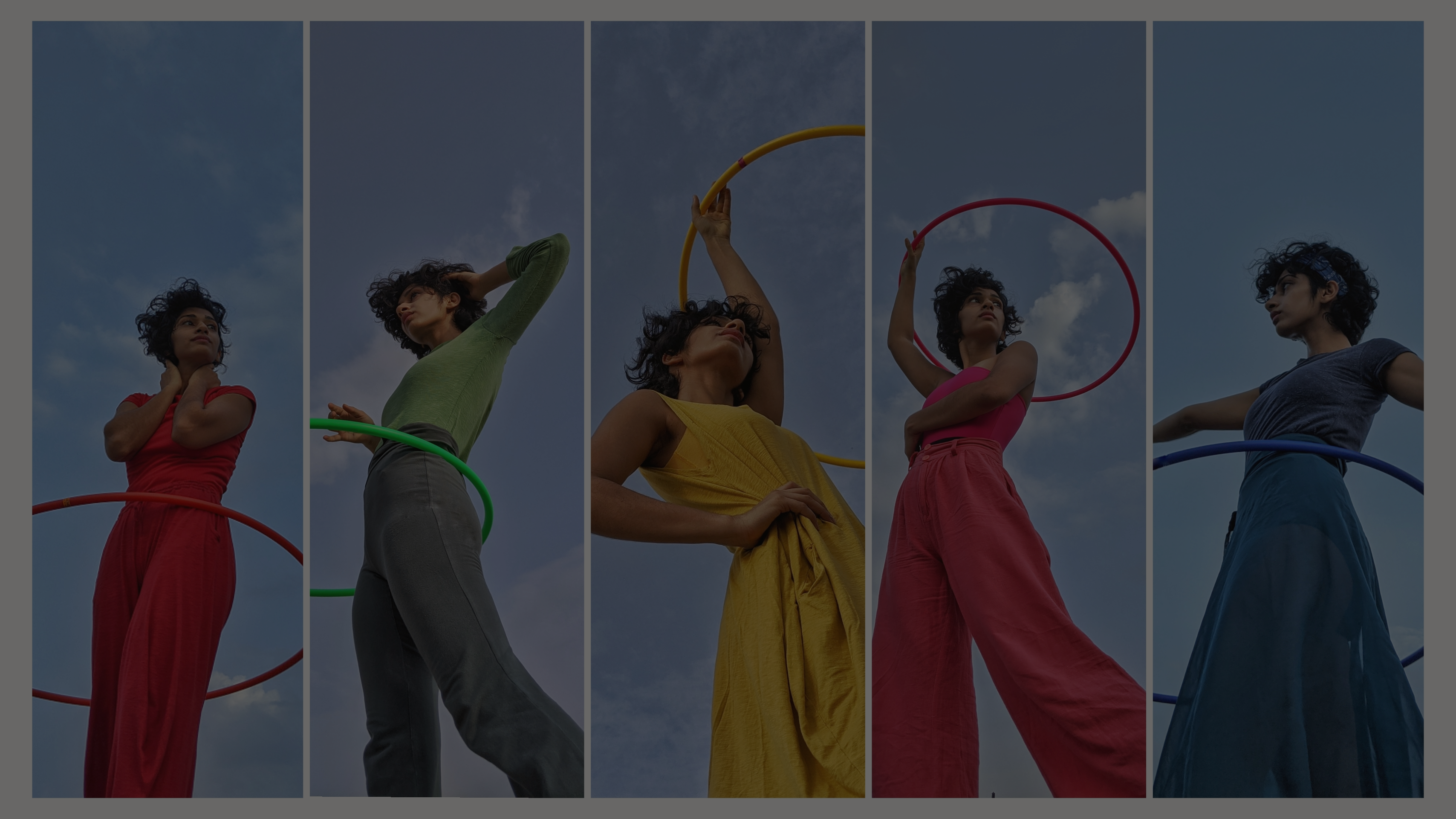 Collage of Eshna in different colored dresses hula hooping against a blue sky.