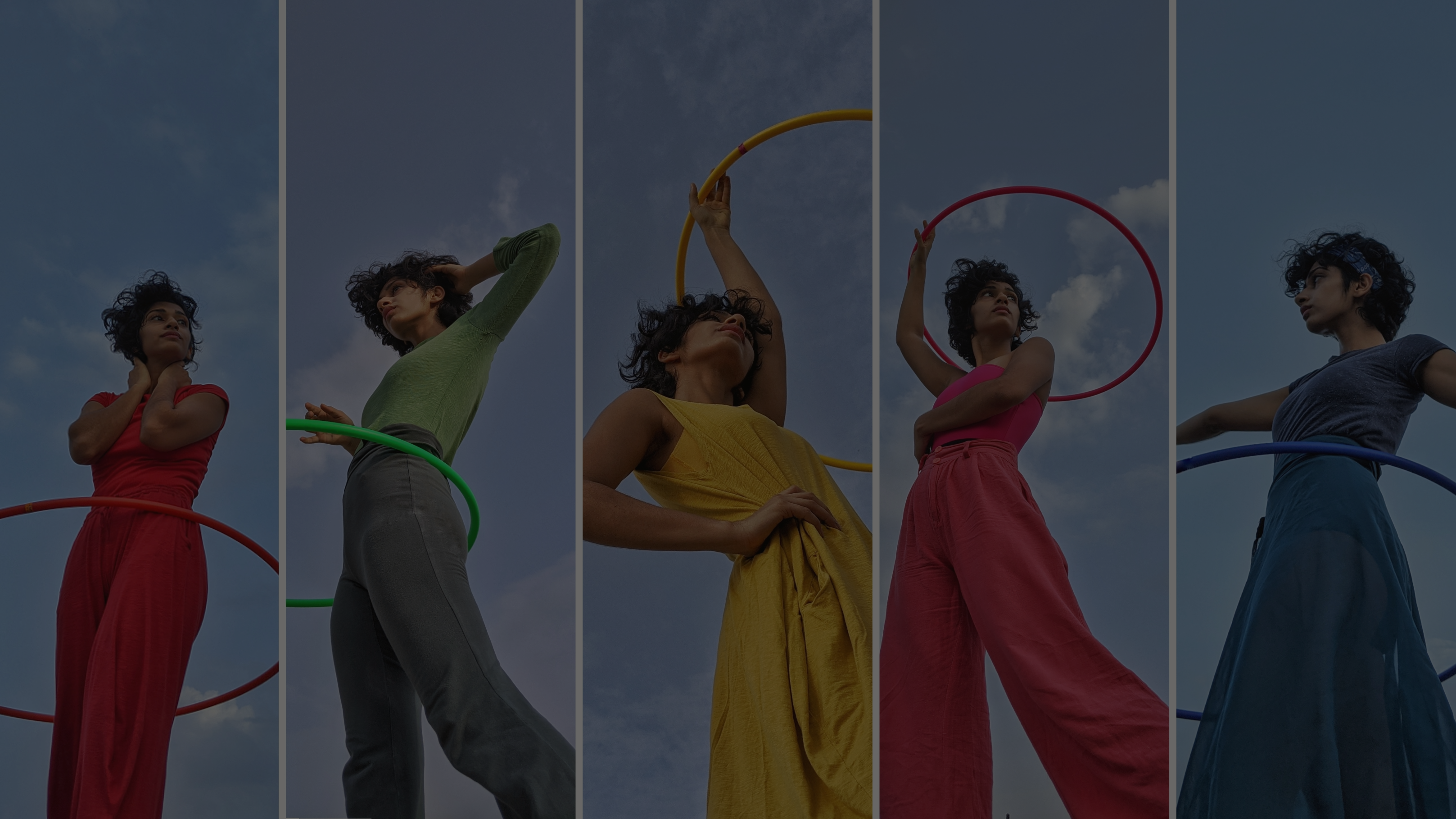 Collage of Eshna in different colored dresses hula hooping against a blue sky.